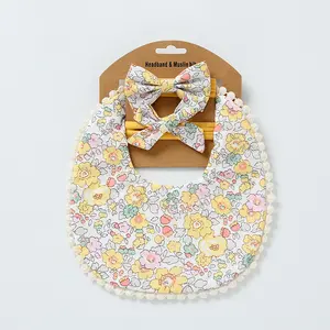 Babando personalizado Baby Girl bib com hijab Set Bow Headband Fornecedor Headband Fornecedor Babando bib