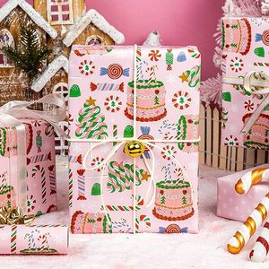 Papier d'emballage lithographique double face imprimé avec des motifs de bonbons et sucettes de Noël roses sur le thème des filles mignonnes - Product Image 1