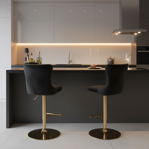 A&A Furniture Black Velvet Bar <b>Stools</b> Set 2 Golden Swivel <b>Adjustable</b> Height Modern Home Bar Furniture - Product Image 2