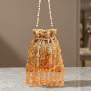 Golden suede potli bag Geometric pattern evening bag Pearl accents shoulder bag Handmade party event bag - Product Image 2