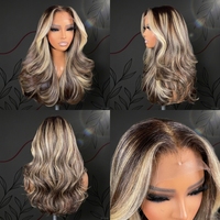 Perruque 13x6 en dentelle HD transparente, cheveux humains bruts, couleur ombrée blonde avec mèches, densité 200, cheveux longs, ligne de cheveux naturelle, ondulation naturelle