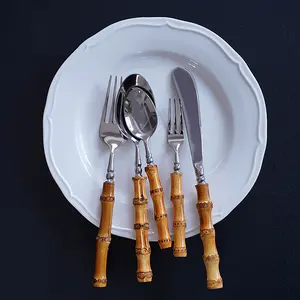 高品质真竹餐具套装304不锈钢餐具刀，天然竹叉和勺子4件套