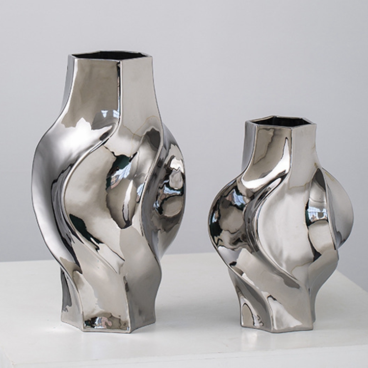 Modern and simple living room table flower decoration decoration silver plating ceramic vase