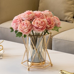 Bouquet de fleurs artificielles en soie, pivoines roses, ensemble de vase pour la décoration de table de salon - Product Image 1