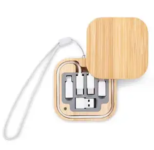 Boîte de rangement en bambou avec kit de câble de chargement rapide, convertisseur USB C vers type C/micro adaptateur, kit de câble de poche pour voyage Essen