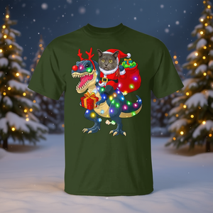 Santa Cat Riding Dinosaur <b>Xmas</b> Lights <b>T</b>-<b>Shirt</b> - Product Image 3