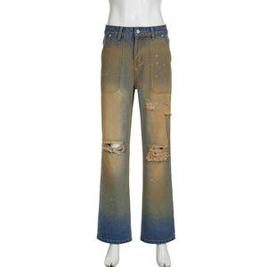 High <strong>Waist</strong> Hollow Out Vintage Retro Printed Color <strong>Jeans</strong> Trousers Straight Denim Pants for <strong>Women</strong> Summer Street Wear - Product Image 4