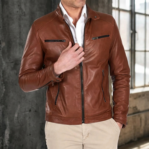 Men's <b>Brown</b> Genuine Leather Moto <b>Jacket</b> Stand Collar Zipper Closure Slim Fit Autumn Style Regular Sleeve - Product Image 2