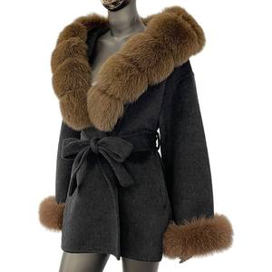 Abrigo de lana de doble cara con Cuello de piel de zorro de Invierno para mujer <span class=keywords><strong>Petite</strong></span> Abrigo de mezcla de lana de gran tamaño de lujo - Product Image 5