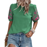 Printemps et été nouvelle plante et fleur brodée col rond bouffant à manches courtes Blouses couleur unie pull ample et décontracté haut