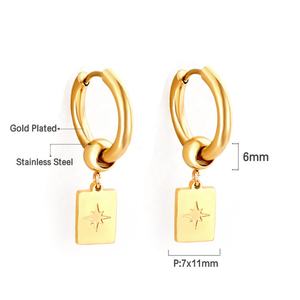 Pendientes de Aro Colgantes de Acero Inoxidable con Baño de Oro de 18K, Diseño Rectangular de Cuentas y Estrella, para Mujer, Venta al por Mayor de Joyería de Moda - Product Image 2