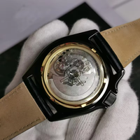 Montre mécanique automatique pour hommes, lunette noire et dorée, double date, bracelet en cuir, mode décontractée, montre-bracelet pour hommes