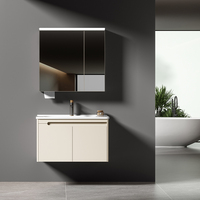 Meuble-lavabo mural en aluminium blanc ivoire avec miroir LED à détecteur de mouvement et vasque en céramique