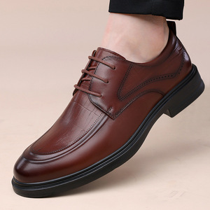 Chaussures habillées en cuir pour hommes, style Oxford, bout rond, à lacets, antidérapantes, pour le bureau et les occasions professionnelles, couleur unie, semelle extérieure en caoutchouc, cuir véritable, collection automne - Product Image 1