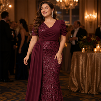 Robe de soirée sirène à sequins grande taille, col en V, manches courtes bouffantes, ceinture en mousseline, robe longue formelle pour bal de promo