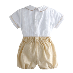 Conjuntos de Ropa de Verano para Bebés y Niños Pequeños, Camisas Bordadas con Cuello Peter Pan y Pantalones Cortos de Lino y Algodón, Estilo Español - Product Image 5