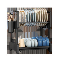 Étagère à vaisselle multifonctionnelle à 2 niveaux, grande capacité, étagère de rangement de cuisine avec porte-couverts et crochets pour ustensiles
