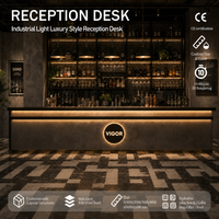 Comptoir de réception en bois en forme de L de style industriel vintage avec éclairage LED, comptoir de réception personnalisé pour bar, restaurant, restaurant japonais et café