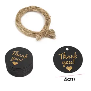 Round Gold Foil Kraft Paper Hang Tag Cardboard Thank You Tags with Twine for Wedding Thanksgiving Gift Tags