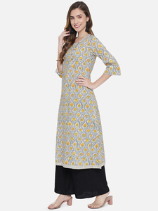 Robe ethnique pour femme en coton, coupe ample, longueur cheville, manches trois quarts, imprimé floral jaune, pour un usage décontracté - Product Image 4