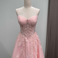 Robe de soirée rose en cristal pour fêtes, bretelles spaghetti, broderie, grande taille, coupe trapèze, longueur ras du sol, perles, appliques, dentelle