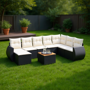 Set divano da giardino in rattan bianco crema e nero, 6 posti, mobili da esterno, design contemporaneo - Product Image 2