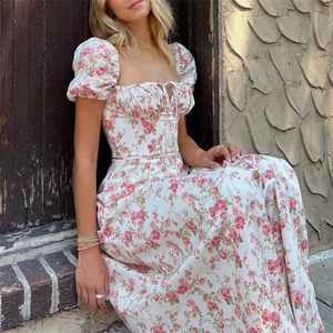Robe longue fendue à lacets en dentelle florale à manches bouffantes, mode été Europe et Amérique, vêtements de plage pour femmes <span class=keywords><strong>2022</strong></span> - Product Image 3