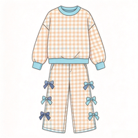 Set Pakaian 2 Potong ODM Kasual Vintage Unisex, Atasan Rajut Kotak-Kotak Lengan Pendek dan Cardigan Lengan Panjang
