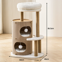 Arbre à chat en bois écologique de 86,5 cm de haut, 2 niveaux, avec maisonnette en forme de baril, poteaux à gratter, perchoir en peluche et plateforme de saut pour chats
