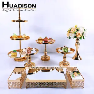 Huadison nhà hàng khách sạn cung cấp 3 lớp bạc tráng miệng tự chọn pha lê xi lanh kim loại đám cưới vàng đặt bánh đứng