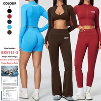 Ensemble de sport pour femme 2/3 pièces sans couture avec logo personnalisé : soutien-gorge, veste de fitness, leggings, pantalon évasé, short – Idéal pour l'entraînement, le Pilates et le yoga