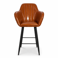 Tabouret de bar moderne en similicuir cognac de luxe à dossier haut côtelé avec pieds en métal noir pour îlot de cuisine