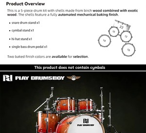 Factory customizes high-quality birch <b>drum</b> kits with 5 <b>drums</b> and anodized finish. Support OEM. - Product Image 3
