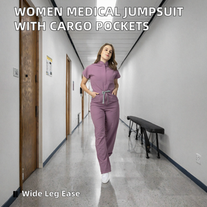 Women Purple Scrub <b>Jumpsuit</b> <b>With</b> Cargo <b>Pockets</b> Hospital Uniform <b>Wide</b> <b>Leg</b> One Piece Nursing Workwear - Product Image 2