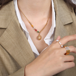 Collar con Colgante de Piedra Natural Color Piedra del Sol, Estilo Retro, Cadena Dorada, Engaste de Bisel en Forma de Estrella, Joyería para Mujer - Product Image 4