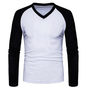 Men's Long Sleeve V-neck T-shirt Raglan Sleeve Slim Fit Knitted Solid Color Casual Wear Light Blue <b>White</b> Splicing Design - Product Image 6