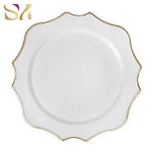 Wholesale disposable irregular white gold rim plastic charger plates for weddings party