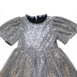 Sparkle Girls Princess Puff Sleeves Party Sequin Dress in Silver