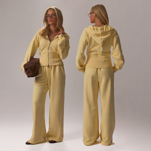 Sustainable Eco Friendly Low Rise Drawstring Waist Wide Leg Joggers With Matching Zipper Cropped Hoodies Women Active Sweatsuit - Product Image 1