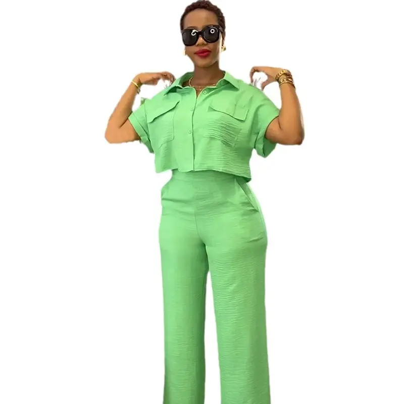Summer casual two pieces pants suit with short sleeve crop top shirt and wide-leg pantfor woman female lady