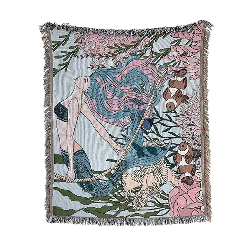 Wholesale Jacquard Woven Throw Blanket Kids Adult little Mermaid Blanket Rugs With Tassel