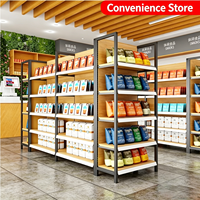 Étagères de supermarché en métal robustes avec revêtement en poudre époxy imitation bois, simple ou double face, autoportantes pour présentation en magasin
