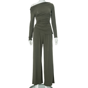 Printemps automne femmes tenues décontractées vêtements de salon ensembles personnalisé col incliné plissé irrégulière haut deux pièces pantalon ensemble - Product Image 4