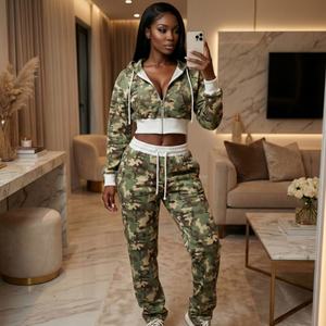 ชุดเซ็ตสองชิ้นลายพรางสไตล์ Y2K สำหรับผู้หญิง ราคาส่งถูก TKAN924D เสื้อฮู้ดครอปซิป ชุดวอร์มขายาวลำลอง - Product Image 1