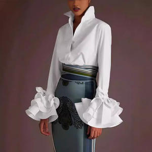 <span class=keywords><strong>Blusas</strong></span> y Camisas Casuales TP20 de Color Sólido con Mangas Acampanadas y Solapa Adornada con Lazo, Método de Tejido No Tejido - Product Image 1