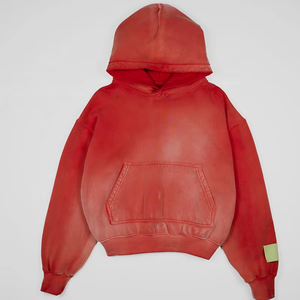 Sweat à capuche oversize rouge en coton, teint en pièce, en molleton bouclette, unisexe, couleur unie, avec poches, pour l'automne - Product Image 3