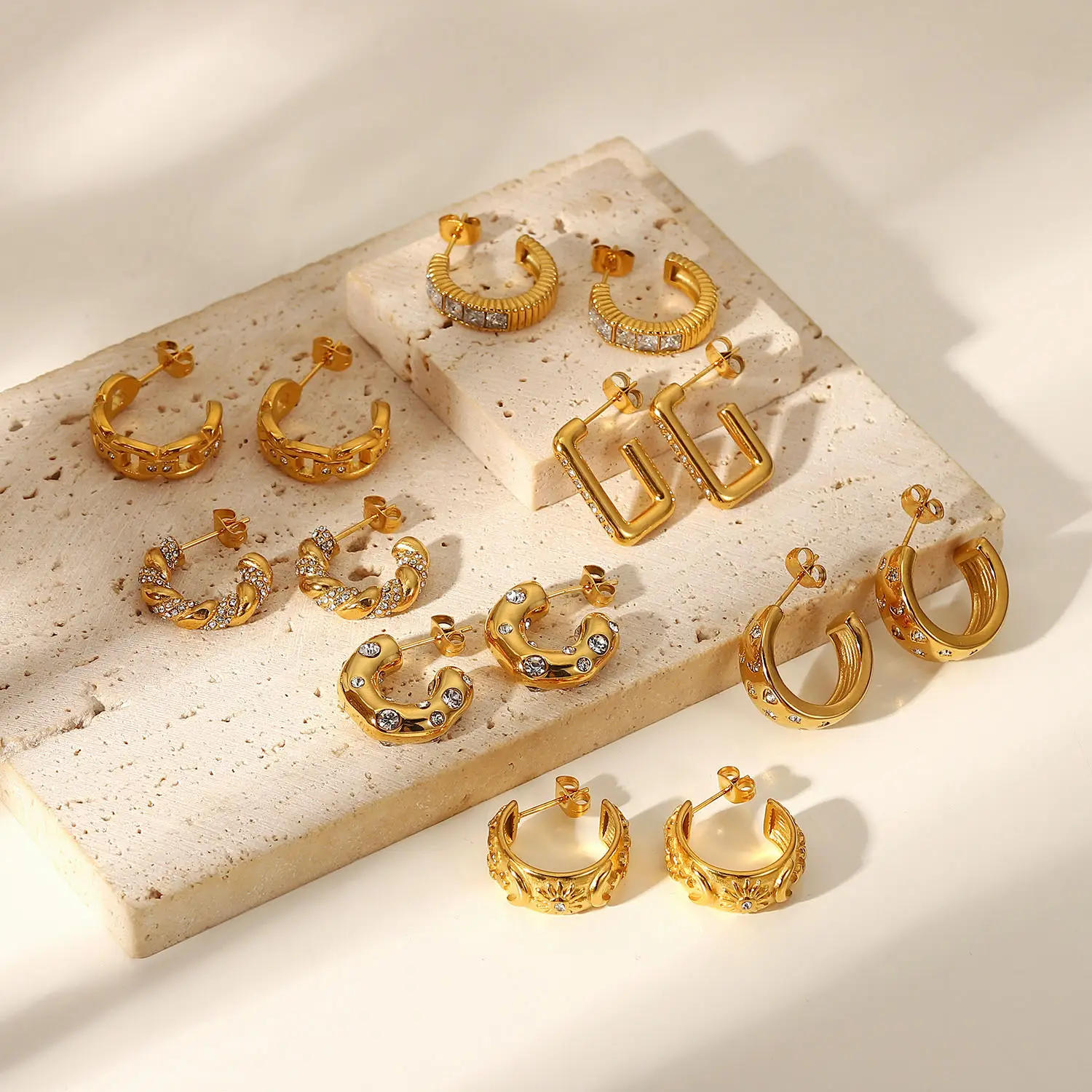 New Stainless Steel Jewelry Fashion 18K Gold Diamond C Shape Women's Earrings