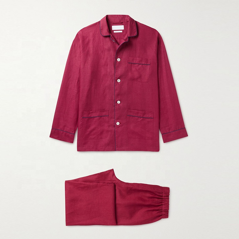 Индивидуальный бренд, оптовая продажа, однотонный тканый однотонный пижамный комплект из двух предметов, Мужская Высококачественная Хлопковая пижама на пуговицах с длинным рукавом