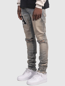 <span class=keywords><strong>Jeans</strong></span> en denim pour hommes en gros, coupe slim, déchirés, style streetwear, délavés, avec broderie au genou, décontractés - Product Image 4