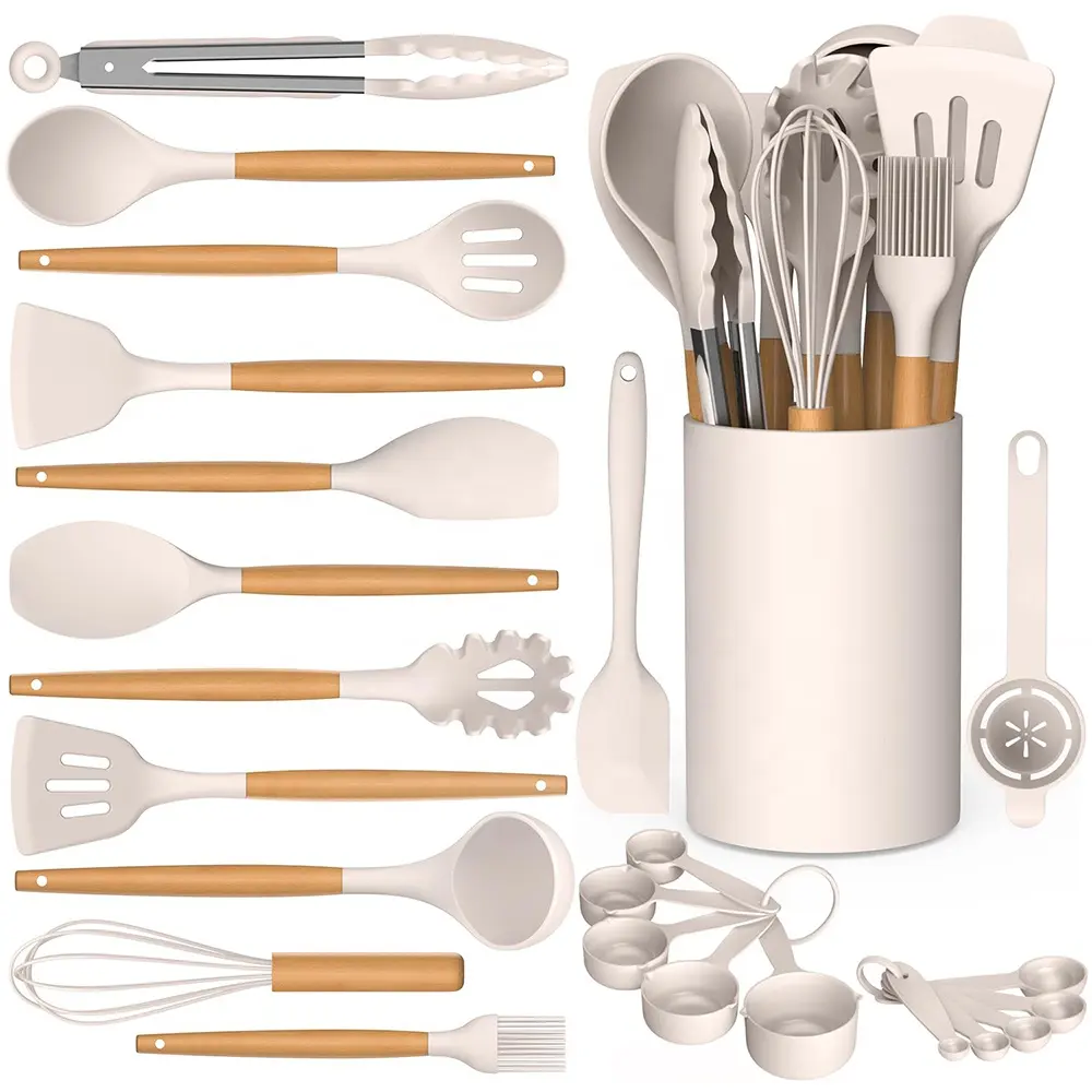 Flywod outils de cuisine gadgets bois silicone ustensiles de cuisine kit de cuisine vente en gros d'ustensiles de cuisine en silicone avec support